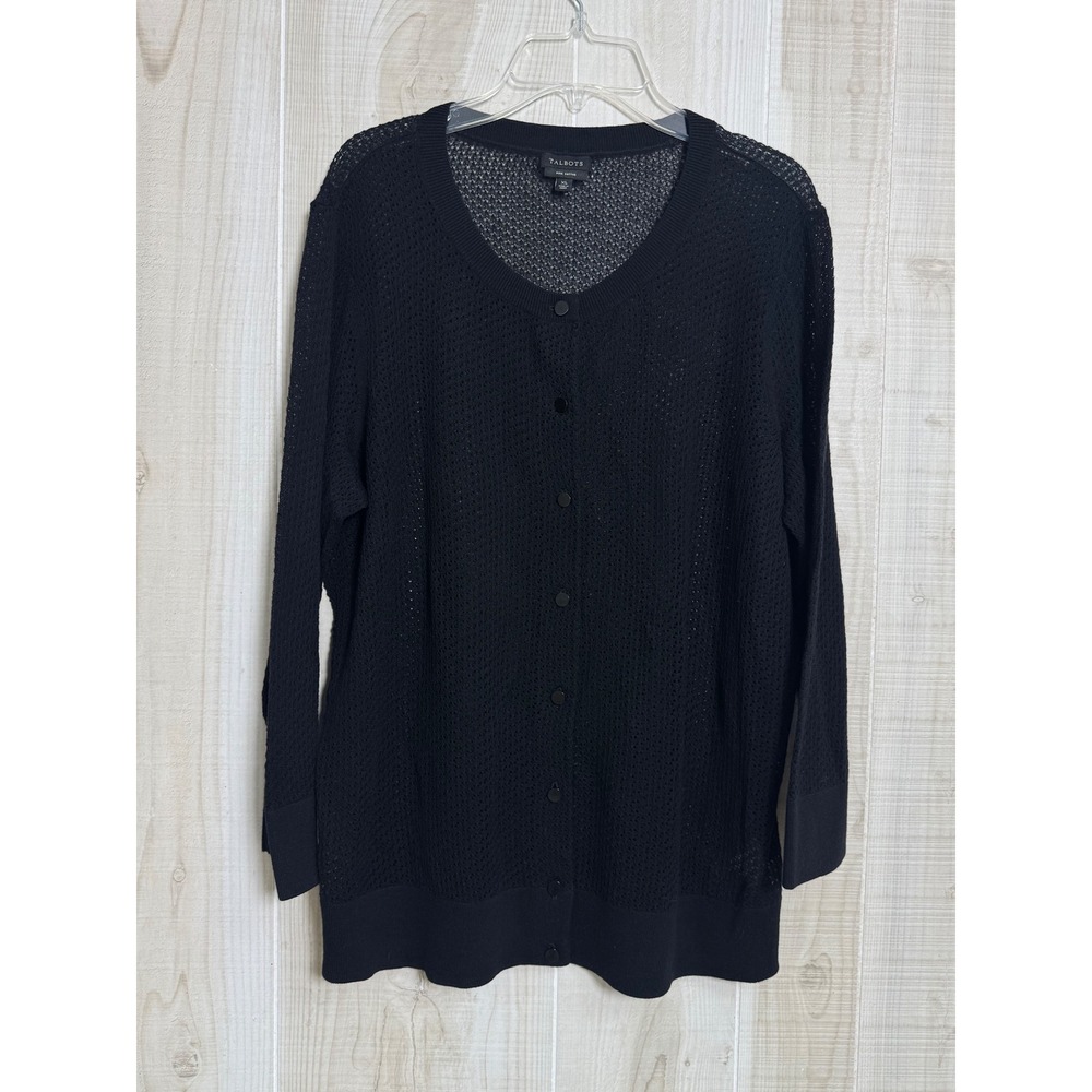 Talbots Black Pima Cotton Open Knit Crochet Button Front Cardigan Sweater XL